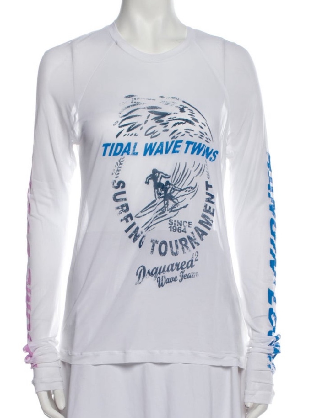 DSQUARED2 shear White Long Sleeve Surf Graphic Tee with Blue & Pink Accents